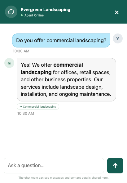 Actual AMP Spark Pro website chat answering a landscaping question using an approved source; sample data